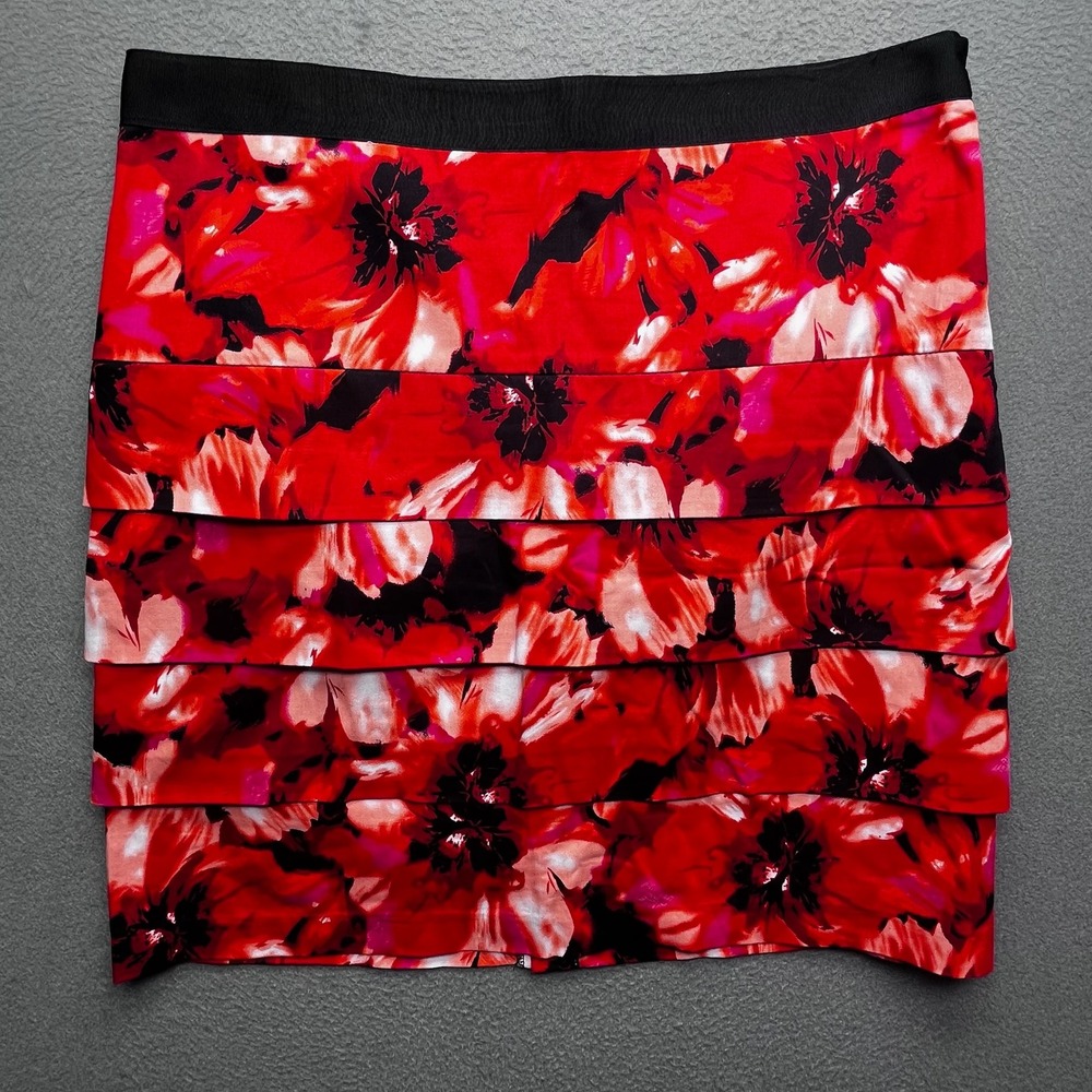 Larry Levine Women Mini Skirt Red Floral Cotton‎ Stretch 14 Tiered Layered